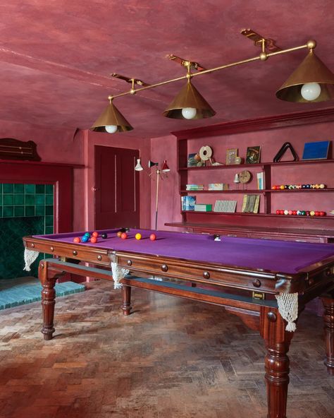 A glorious riverside house in west London refreshed and revived by Kate Guinness | House & Garden Kate Guinness, Antique Billiards, Purple Cloth, Antique Pendant Light, Red Dining Room, Herringbone Wood Floor, Riverside House, London Houses, Georgian Townhouse