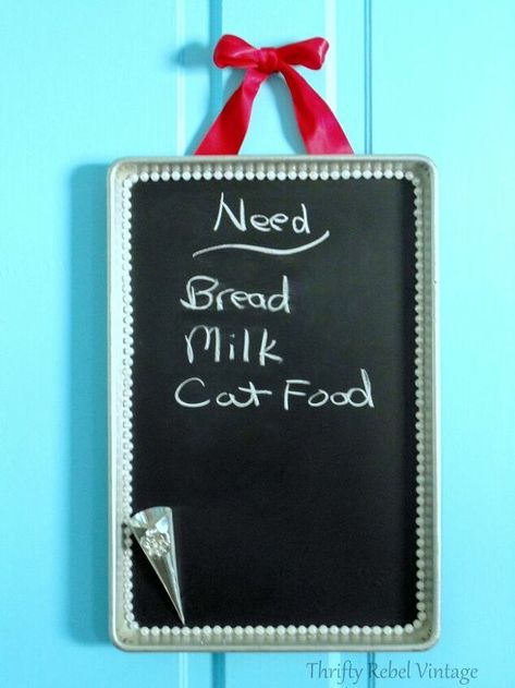 This repurposed chalk board idea can be made for cheap. Keep your family organized with this recycled cookie sheet that you can make quickly with items you can find at the dollar tree. #diy #kitchendecor #repurposed Cookie Sheet Crafts, Repurposed Kitchen, Old Washing Machine, Chalkboard Vinyl, Basket Makeover, Cookie Sheets, Staining Deck, Painted Terra Cotta Pots, Diy Chalkboard