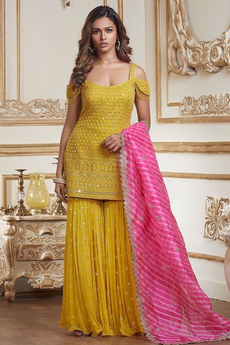 Yellow sharara garara suit design||latest sharara design||New garara suit design|| Yellow Sarara Dress Indian Weddings, Sarara Dress Indian Weddings, Kurti Back Designs, Sharara Suit Designs Latest, Crop Top With Palazzo, Haldi Outfit For Bride, Sharara Design, Garara Suit, Sarara Dress