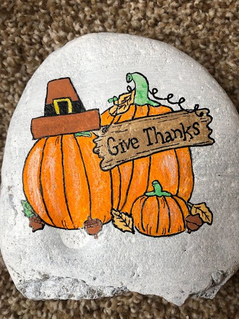 Give thanks painted rock on etsy #ilovepaintedrocks #paintedrockinspiration Thanksgiving Rocks, Pumpkin Painting Ideas Easy, Fall Rocks, Pumpkin Painted, Ideas For Thanksgiving, Fall Rock, Painting Ideas Easy, Pumpkin Painting Ideas, Halloween Rocks