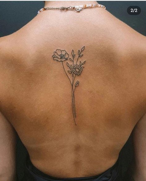 Top Of Spine Flower Tattoo, Back Dainty Tattoos For Women, Womens Middle Back Tattoo, Simple Line Art Tattoos For Women, Flower Spine Tattoo Minimal, Small Back Flower Tattoo, Upper Back Flower Tattoo Women, Modest Tattoo Placement, Simple Back Tattoo Women Spine Flower