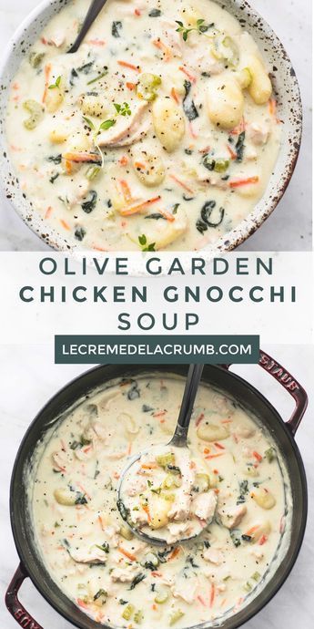 This copycat Olive Garden Chicken Gnocchi Soup is every bit as creamy and delicious as the restaurant version, made in less than 30 minutes! | lecremedelacrumb.com #30minutemeal #olivegarden #dinnerrecipe #copycat #chickenrecipe #gnocchisoup #restaurantversion #soup Rainy Day Dinner Ideas, Copycat Olive Garden Chicken Gnocchi, Copycat Olive Garden Chicken, Zuppa Toscana Soup Olive Garden, Soup Sunday, Olive Garden Chicken Gnocchi, Chicken Gnocchi Soup Olive Garden, Olive Garden Chicken, Copycat Olive Garden