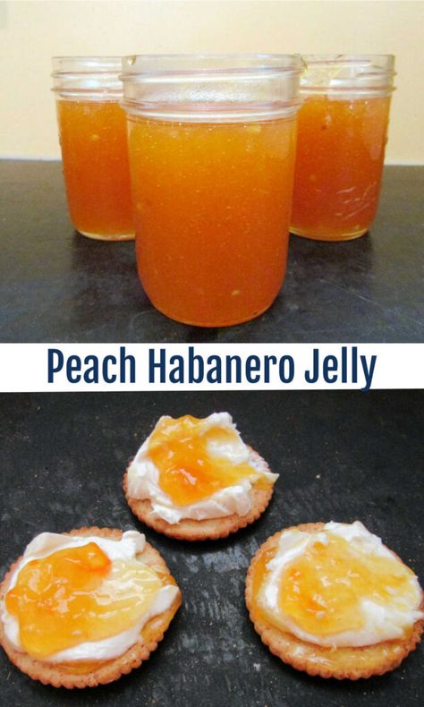 Peach Habanero Jam Recipes, White Peach Canning Recipes, Peach Habanero Jam Canning, Habanero Peach Jelly, Spicy Jelly Recipes, Peach Haberno Jelly, Recipes For Habanero Peppers, Peach Hot Pepper Jelly Recipe, Habanero Peach Jam