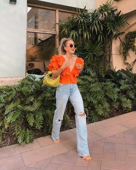 Orange Top, Ripped Jeans, Walking, Orange