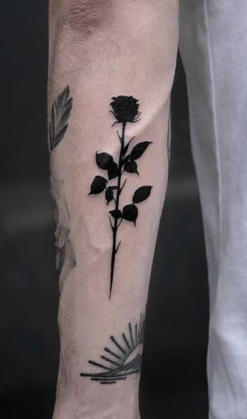 Rose Unique Tattoo, Rose For Men Tattoo, Black Rose Hand Tattoo Men, Black Out Design Tattoo, Withering Rose Tattoo, Black Out Rose Tattoo, Mens Rose Tattoos, One Rose Tattoo, Rose Men Tattoo