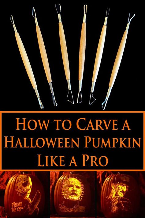 A set of pumpkin carving tools with 3 carved pumpkins. Shaved Pumpkin Carving, Pro Pumpkin Carving, Pumpkin Mushroom Carving, Rocky Horror Pumpkin Carving, How To Crave A Pumpkin, Pumpkin Dremel Carving, Pumpkin Surface Carving, Scary Pumpkin Ideas For Halloween, Diy Pumpkin Carving Ideas Easy