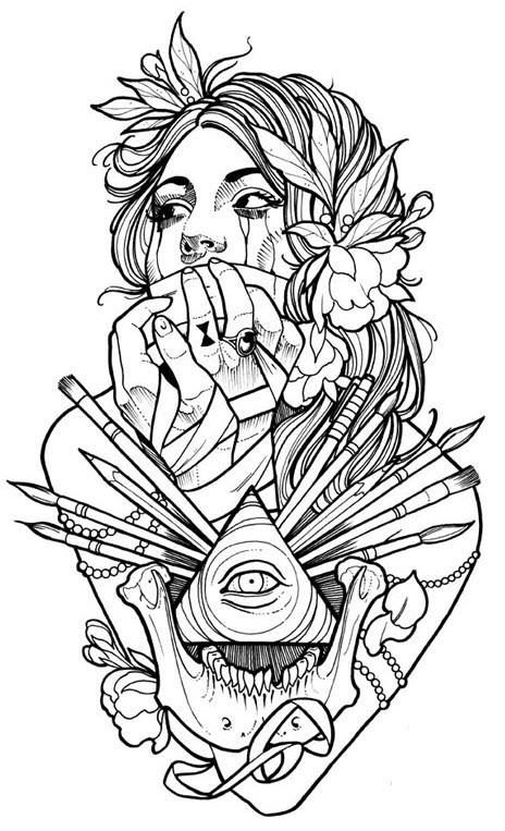 Awesome pic of someone's future tattoo by megan_massacre on Instagram. Tato Geisha, Makeup Artist Tattoo, Wicca Tattoo, Tato Tradisional, Tattoo Coloring Book, Brush Tattoo, Kunst Tattoos, Tattoo Zeichnungen, Book Tattoo