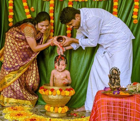 Onnoprason Decoration, Mundan Ceremony Photoshoot Ideas, Anprashan Decoration At Home, Annaprashan Photoshoot, Annaprasanna Decoration Ideas, Annaprasana Photoshoot, Mangala Snanam, Rice Ceremony, Monthly Photoshoot