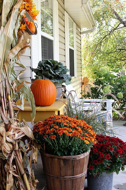 Galvanized Tubs On The Porch Fall Farmhouse Porch, Fall Porch Ideas, Diy Mums, Fall Front Porch Ideas, Wraparound Porch, Fall Mums, Galvanized Tub, Senior Overalls, Porch Planters