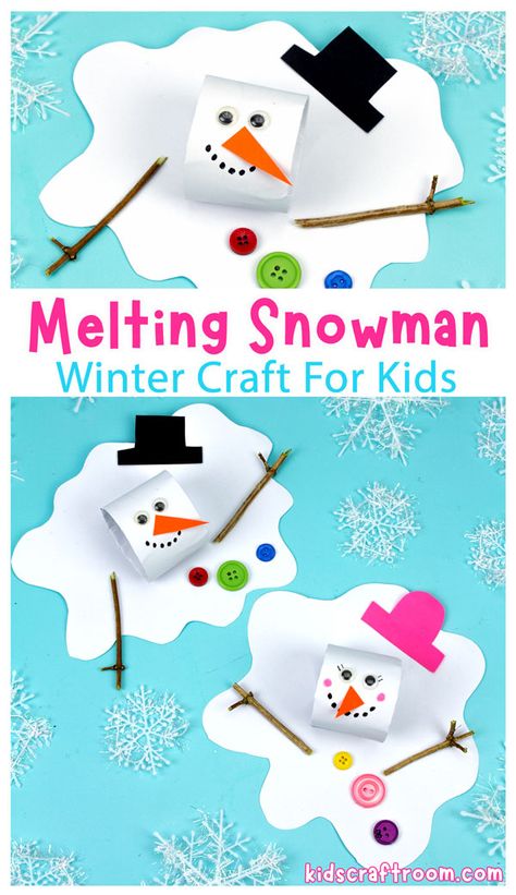 2 melting snowman crafts made with white paper bodies and cardboard tube heads. Winter Christmas Crafts For Kids, Snowman Height Craft, Winter Class Crafts For Kids, Snow Kids Crafts, Winter Crafts For 4th Grade, Winter Holiday Art Projects For Kids, Easy Preschool Winter Crafts, High School Winter Art Projects, Winter Themed Crafts For Preschoolers