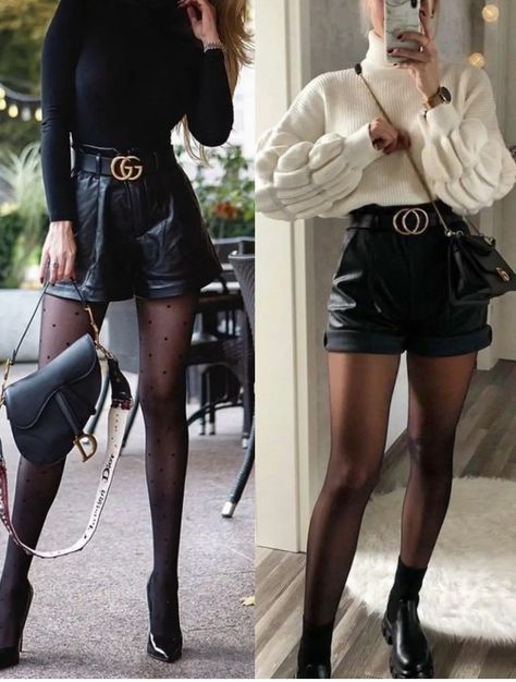 Pig Roast Outfit Ideas, Look Short En Cuir, Outfit Short En Cuir, Black Leather Shorts Outfit Winter, Leather Shorts Winter Outfit, Short Leather Skirt Outfit Winter, Pub Night Outfit, Leather Shorts Outfit Going Out, Leather Shorts Outfit Winter