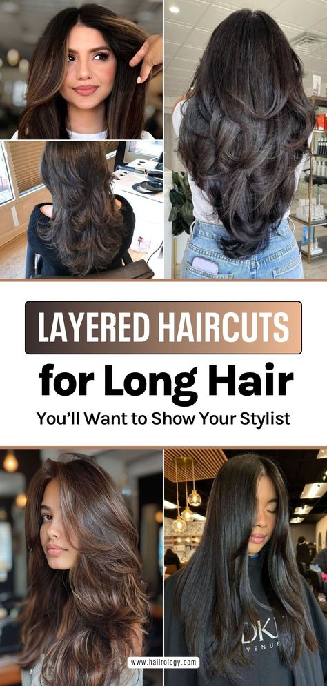 Looking for layered haircuts for long hair that you'll want to show your stylist? My blog post features 15 stunning styles, including layered cuts with long layers, curtain bangs, butterfly haircut, long blunt cut, and more. Discover the best layered haircuts for long hair to add volume, texture, and movement. Ready for a fresh new look? Head to the blog now to find the perfect layered haircut for your long hair! Long Layered Hair For Black Women, Long Haircut With Choppy Layers, Medium Long Length Hair With Layers Straight, Long Haircuts For Long Faces, Long Hair With Layers Middle Part, Layers With Curtain Bangs Long Hair, Long Haircut With Short Layers, Long Hair Styles Round Face, Long Hair With Volume Layers