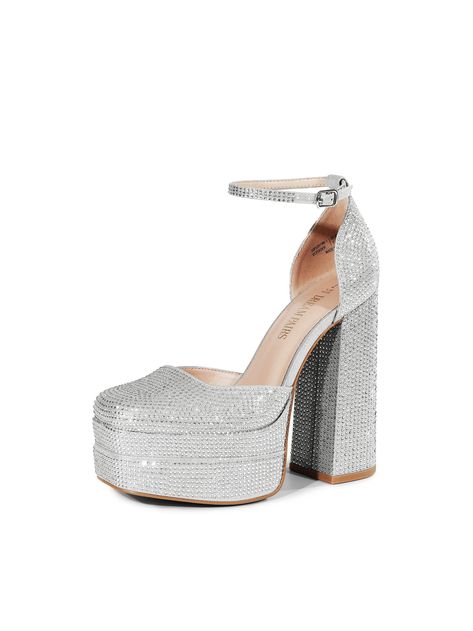 Silver  Collar   Plain  Embellished   Women Shoes Closed Toe Block Heels, Rhinestone Pumps, Dress Wedding Party, Party Pumps, Shoe Wishlist, Platform Heels Chunky, Chunky Platform, Sneaker Heels, Platform Pumps