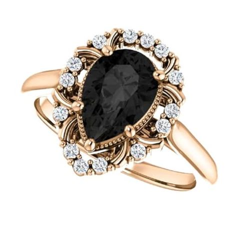 Love Band 1.50 CT Halo Vintage Pear Shape Black Diamond Engagement Ring 14k Rose Gold, Halo Victorian Black Onyx Tear Drop Ring, Halo Antique Black Pear Ring, Awesome Ring For Her Black Diamond Engagement Ring, Drop Ring, Rose Gold Halo, Ring Settings Types, Pear Ring, Black Diamond Engagement, Teardrop Ring, Ring Halo, Love Band