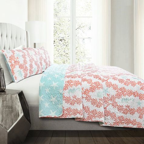 Cespedes Coral Cotton 3 Piece Reversible Quilt Set Coral Quilt, King Quilt Sets, Cotton Quilt Set, Lush Decor, Coastal Bedrooms, Coastal Bedroom, Blue Coral, Quilted Bedspreads, Blue Quilts