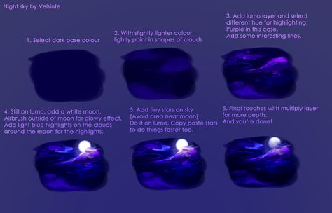 Tutorial - Night sky by Velsinte on DeviantArt How To Draw Night Sky Digital, Night Sky Digital Art Tutorial, Night Sky Drawing Tutorial, Night Lighting Tutorial Digital Art, How To Draw A Night Sky, How To Paint A Night Sky Step By Step, How To Paint Night Sky, Night Sky Reference, Draw Night Sky