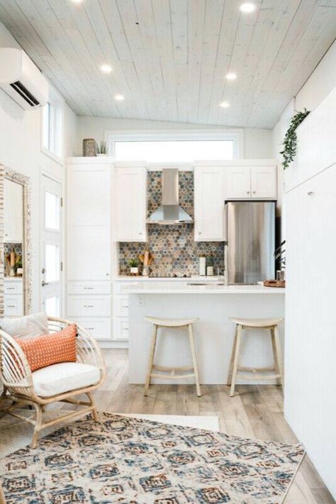 Tiny House Open Concept, Boho Tiny House, Desert Woman, Nye Beach, Tiny Home Ideas, Trailer House, Tiny Beach House, Tiny Luxury, Tiny Kitchens