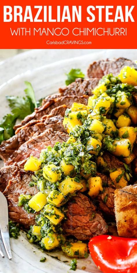 Mango Chimichurri Sauce, Brazilian Bbq Recipe, Chimichurri Recipe Steak, Gf Dinners, Brazilian Steak, Chimichurri Steak, Simple Marinade, Steak Grilled, Cravings Recipes