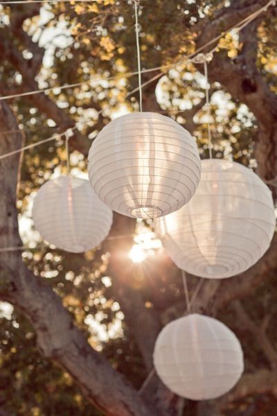 Lanterns In Trees, Lantern Photography, Deco Nouvel An, Lanterns Hanging, White Paper Lanterns, Paper Lanterns Wedding, Baby Room Lighting, Paper Lampshade, Wedding Lanterns