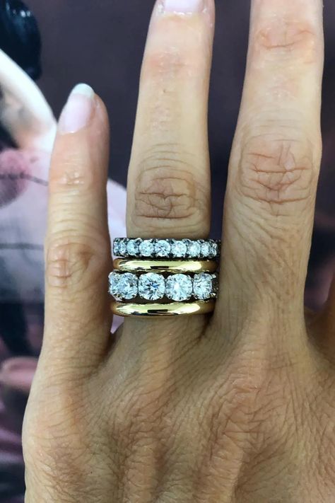 Dainty Engagement Ring Stack, Eternity Band As Engagement Ring, Eternity Ring Diamond Stack, Ring Inspo Jewelry, Eternity Ring Stack, Ring Stacking Ideas, Ring Styling, Jessica Mccormack, Diamond Eternity Bands