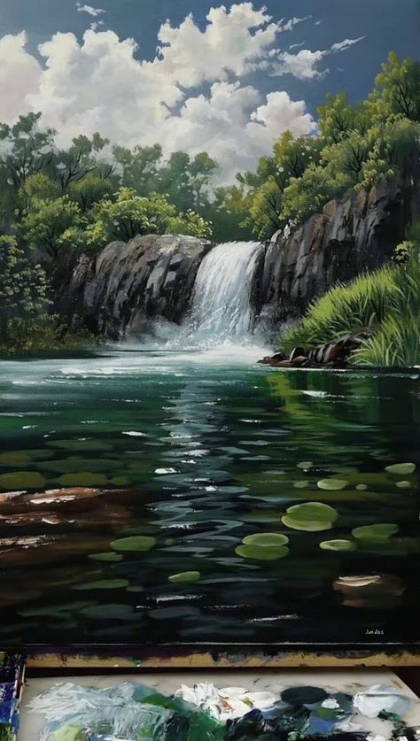 Waterfall Painting Acrylic, Acrylic Nature Painting, Waterfall Painting, Andrew Loomis, Waterfall Paintings, Nature Pics, Small Waterfall, Nature Painting, Art Inspiration Painting