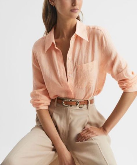 peach fuzz linen shirt Orange Shirts Women, Linen Shirt Style Women, Peach Color Clothes, Coral Color Outfits, Peach Shirt Outfit For Women, Peach Colour Outfit, Orange Linen Shirt Outfit, Peach Outfits For Women, Peach Trousers Outfits