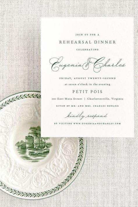 Rehearsal Dinner Invitation Suite | Empress Stationery | Our Rehearsal Dinner Suites effortlessly blend the design of your wedding invitations with the joy of the night-before rehearsal. Each of our suites offers a rehearsal dinner invitation, as well as a four piece suite complete with response cards. Click here to see more details on our website. #rehearsaldinner #wedding #dinnerinvitations #classic #stationery Dinner Invitation Design, Rehersal Dinner Invitations, Engagement Dinner, Wedding Rehearsal Dinner Invitations, Rehearsal Dinner Invitation, Dinner Invitation, Wedding Rehearsal Dinner, Dinner Invitations, Rehearsal Dinner Invitations