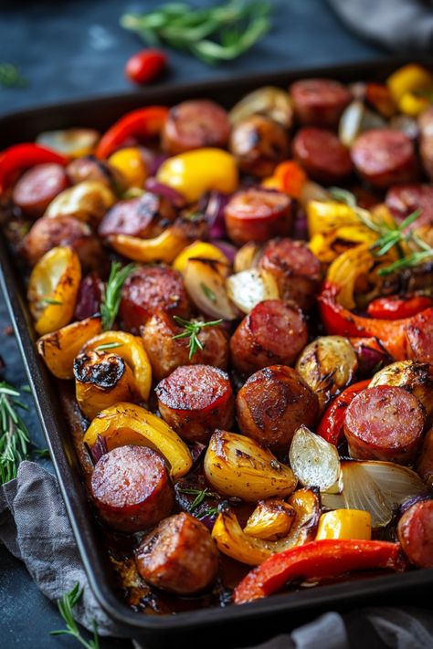 Roasted sausage slices with bell peppers and onions on a baking sheet. One Pan Dinners Kielbasa, Crock Pot Kabasa Recipes, Baked Kielbasa And Potatoes, Kielbasa And Peppers And Onions, Kelbeisa Sausage And Cabbage, Kielbasa One Pan Meal, Kabasa Sausage And Pineapple Recipes, German Kielbasa Recipes, Kielbasa Sausage Recipes For Dinner