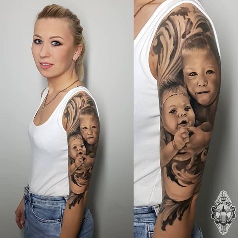 Back Portrait Tattoo For Women, Half Sleeve Portrait Tattoo, Shoulder Portrait Tattoo, Family Portrait Tattoo Sleeve, Portrait Sleeve Tattoo For Women, Portrait Tattoo Design Black And Grey, Family Portrait Tattoo Ideas, Kids Portrait Tattoo, Arm Portrait Tattoo