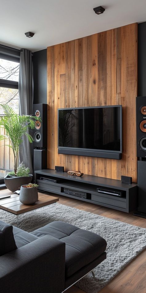 Black And Wood Tv Wall, Elegant Tv Room, Beige Tv Wall, Tv Unit Design For Living Room, Dark Tv Wall, Wood Wall Living Room, Black And Wood Living Room, Male Apartment Decor, Living Room Wood Wall