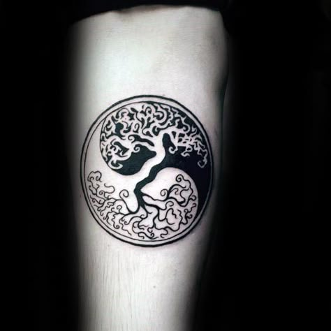 Yin Yang Small Simple Mens Tree Of Life Arm Negative Space Tattoos Negative Space Tattoo, Black And White Tattoo, Yang Tattoo, Hamsa Tattoo, Yin Yang Tattoos, Tattoo Trend, Muster Tattoos, Tree Of Life Tattoo, Mandala Tattoo Design