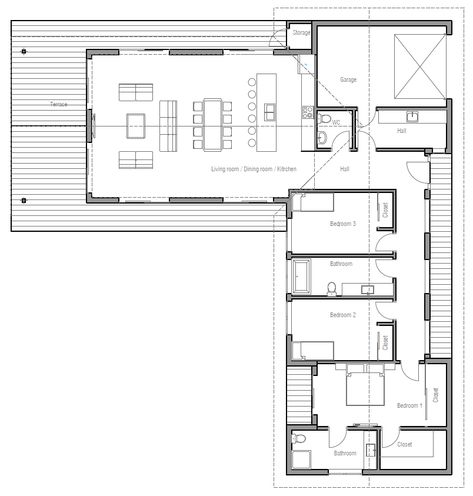 house design house-plan-ch331 10 House Layout And Exterior, Permaculture Homestead, L Shaped House Plans, Shaped House, Three Bedroom House Plan, Three Bedroom House, Modern Bungalow House, Plans House, Architectural Floor Plans