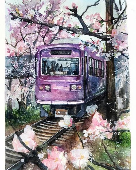 Themes in Watercolor Paintings Color Water Painting Beautiful, Aesthetic Art Drawing Watercolor, Train Painting Watercolor, Dreamy Watercolor Art, Beautiful Water Colour Painting, Best Water Colour Paintings, Nature Theme Crafts, Beautiful Watercolour Painting, Water Colouring Painting