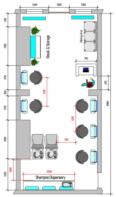 Free detailed drawing too scale with measurements. Helping any salon with #interiordesign ideas #salondesign #salonfurniture Small Salon Interior Design Layout, Salon Layout Plan, Small Salons Layout, Hairdresser Salon Interior, Interior Design Business Ideas, Salon Set Up Ideas Layout, Small Salon Reception Area, Hair Salon Ideas Small Spaces, Salon Suite Building