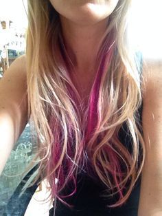 Pink Stripes In Blonde Hair, One Pink Streak In Hair, Hot Pink Streaks In Blonde Hair, Pink Hair Layers, Pink Highlights Underneath Hair, Blond Hair With Pink Streaks, Pink Underdye Hair Blonde, Hair Pink Underneath, Pink Streak In Hair