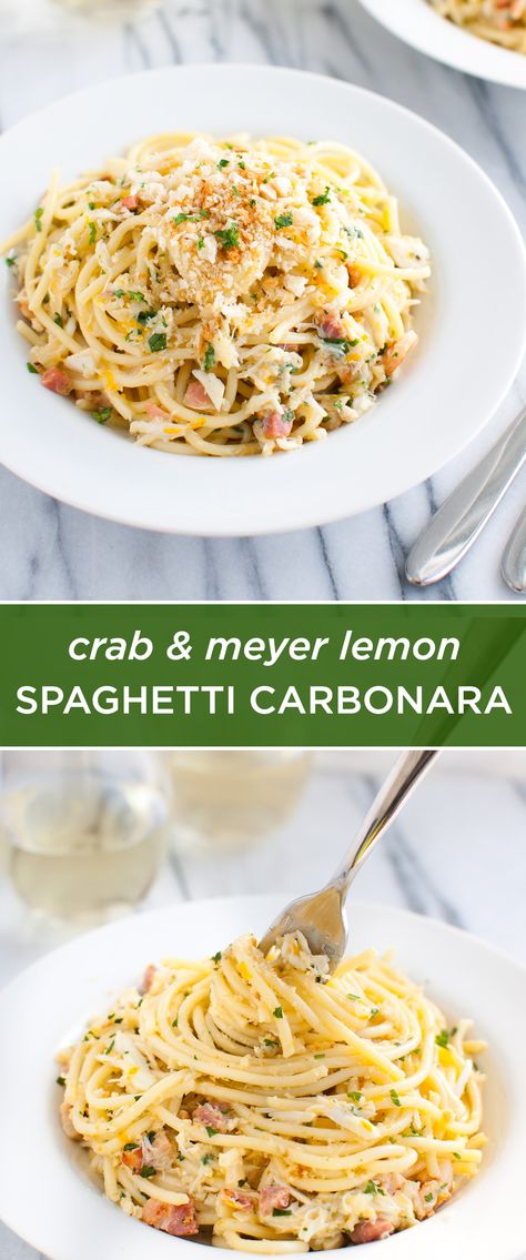 Pasta Dishes With Crab, Mary Makes It Easy Lemon Crab Pasta, Crab Lemon Pasta, Creamy Lemon Crab Pasta, Crab Carbonara Pasta, Lemon Carbonara Pasta, Seafood Carbonara Pasta, Crab Recipes Dinner Pasta, Crab Recipes Pasta