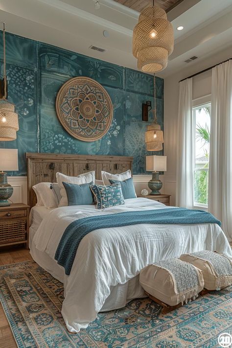 Portuguese Bedroom, Natural Bedroom Ideas, Light Blue Boho Bedroom, Beach Theme Room, Coastal Modern Living Room, Blue Themed Bedroom, Beach Bedroom Ideas, Ocean Room Ideas, Modern Coastal Bedroom Ideas