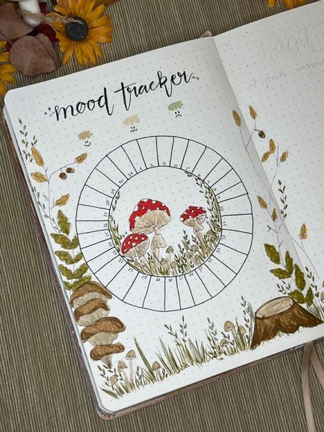 Mushroom Journal Theme, Forest Journal Page, Mushroom Journal Page, Mushroom Journal Ideas, Forest Journal Ideas, Cottagecore Journal Ideas, Mushroom Habit Tracker, Mushroom Bullet Journal Theme, Mushroom Bujo Theme