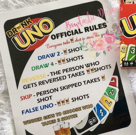 This isn't your typical drinking game – it's the Drunk UNO Game! The game starts with everyone taking a shot, because you have to pregame the game, of course. Uno Drinking Game, Uno Game, Drunk Games, Drinking Board Games, Alcohol Games, Adult Game Night, Drinking Card Games, Diy Party Games, Teen Party Games