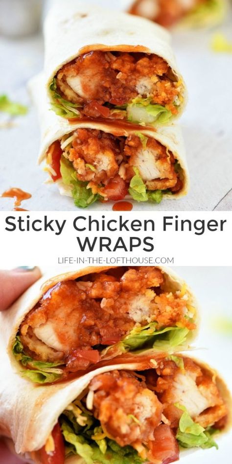 Spicy Glazed Chicken, Finger Wraps, Sticky Finger, Chicken Finger, Sticky Chicken, Flour Tortilla, Chicken Fingers, Glazed Chicken, Tomato And Cheese