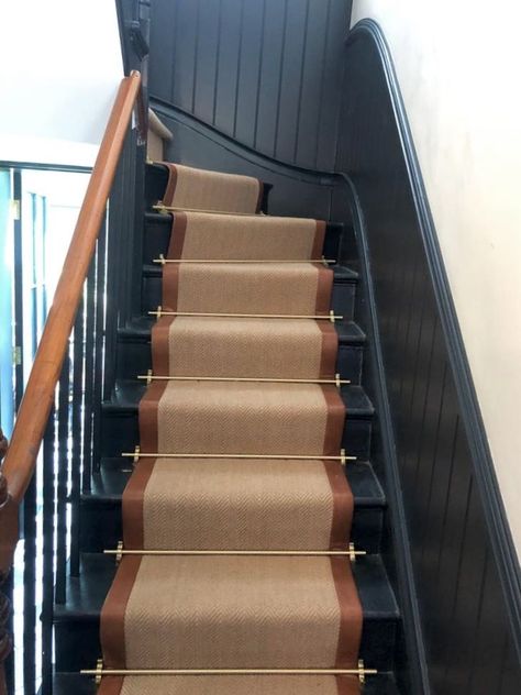 Navy Bannister, Dark Painted Stairs With Runner, Traditional Stair Runner, Plaid Stair Runner, Stair Runner With Rods, Entry Aesthetic, Stairway Runners, Fish Factory, Herringbone Carpet