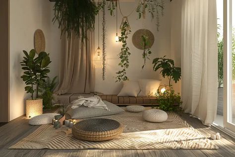 Designing Your Ideal Meditation Room: 23 Perfect Ideas %sep Office Meditation Space, Bedroom Yoga Corner, Meditation Spaces Ideas, Meditation Set Up, Zen Massage Room, Meditation Closet Ideas, Meditation Area In Bedroom, Aesthetic Corner Room, Zen Space Room Ideas