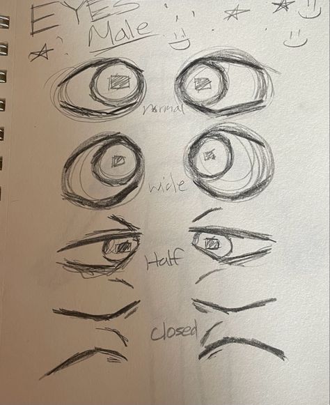 Basically how I draw the eyes for male/more masc characters Male Cartoon Eyes Reference, Different Types Of Ears Drawing, Eyes Drawing Different Styles, Drawing Reference Eyes Male, How To Draw Scared Eyes, How To Draw Fluffy Hair Male, Nervous Eyes Drawing, Eyes Drawing Masc, Male Eyes Drawing Base