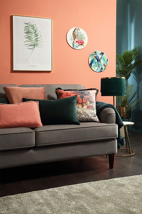 Pink Orange Grey Living Rooms, Coral Lounge Living Rooms, Bright Colour Lounge Ideas, Peach Living Room Walls Colour Palettes, Peach Accent Wall Living Room, Peach Living Room Decor Ideas, Peach And Brown Living Room, Grey And Coral Living Room, Peach Wall Living Room