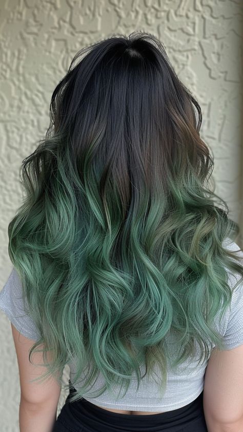 18 Vivid Ombre Ideas for Black Hair That Impress Green Hair Balayage Dark Brown, Brown To Dark Green Ombre Hair, Brown And Green Ombre Hair, Green Hair With Black Tips, Black Hair With Green Ends, Brown To Green Ombre Hair, Ombré Brunette Hair, Dark Teal Hair Ombre, Green Tips Hair