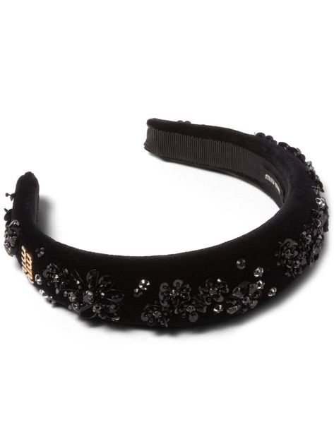 Miu Miu logo-plaque Sequinned Velvet Headband - Farfetch Miu Miu Hair Accessories, Miu Miu Headband, Wishlist Accessories, Miu Miu Jewelry, Virgo Rising, Beaded Headbands, Dress Reference, Miu Miu Accessories, Embellished Headband