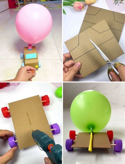 Easy and Fun Recycle Material Craft Ideas | balloon, cardboard, craft | DIY Balloon and Cardboard Activities for Kids :) | By Activities For Kids | Facebook | Everybody, look at this car. Let's make it. We are going to cut the shape from cardboard and paste all of them together and make a shape of car. Then we are going to make its wheel using straw and cab bottle. Then we are going to add details, put a balloon in the top and it is ready. Thank you so much for watching this video. We are going Cardboard Ball Drop, Cardboard Activities For Kids, Cardboard Activities, Balloon Powered Car, Balloon Car, Recycle Material, Stem Activities Preschool, Truck Crafts, Balloon Cars