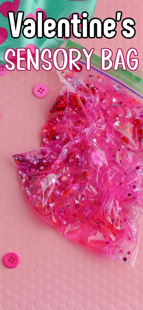 This sparkly pink Valentine's Sensory Bag idea is so fun for kids of all ages! Uses simple supplies and is quick to make! Such a great sensory experience. Valentines Activities For Babies, Colour Exploration, Valentines Week, Valentine Sensory, Imago Dei, Sensory Bag, Sensory Bags, Random Crafts, Childcare Activities