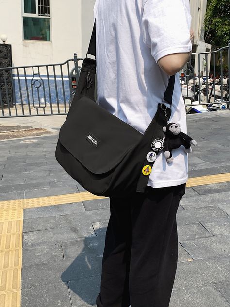 Black    Nylon Letter Messenger Bag Embellished   Men Bags Aesthetic Bag Men, Shoulder Bags Men, Side Bags For Men Mens Fashion, Men With Tote Bags, Men’s Shoulder Bag, Bag For Men Aesthetic, Messenger Bag Men Outfit, Sling Bag Mens Outfit, Bags For School Aesthetic