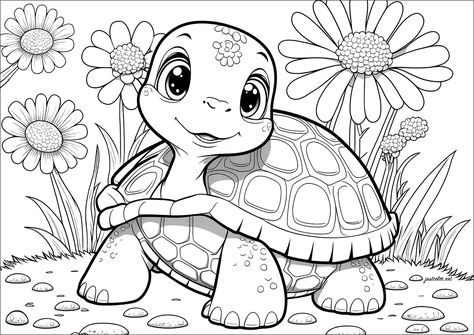 Color this young and cute tortoise, and all the flowers surrounding it - JustColor.net : Free adult printable coloring pages Tortoise Coloring Page, Turtle Coloring Pages Free Printable, Adult Printable Coloring Pages, Earth Turtle, Turtle Coloring, Fargelegging For Barn, Turtle Coloring Pages, Tortoise Turtle, Free Coloring Sheets